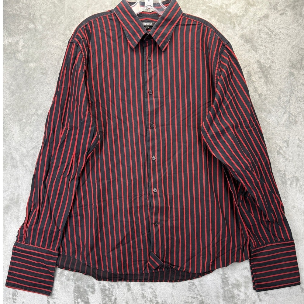 Express Mens XL Red Black Striped Long‎ Sleeve Button Front Shirt 17-17.5